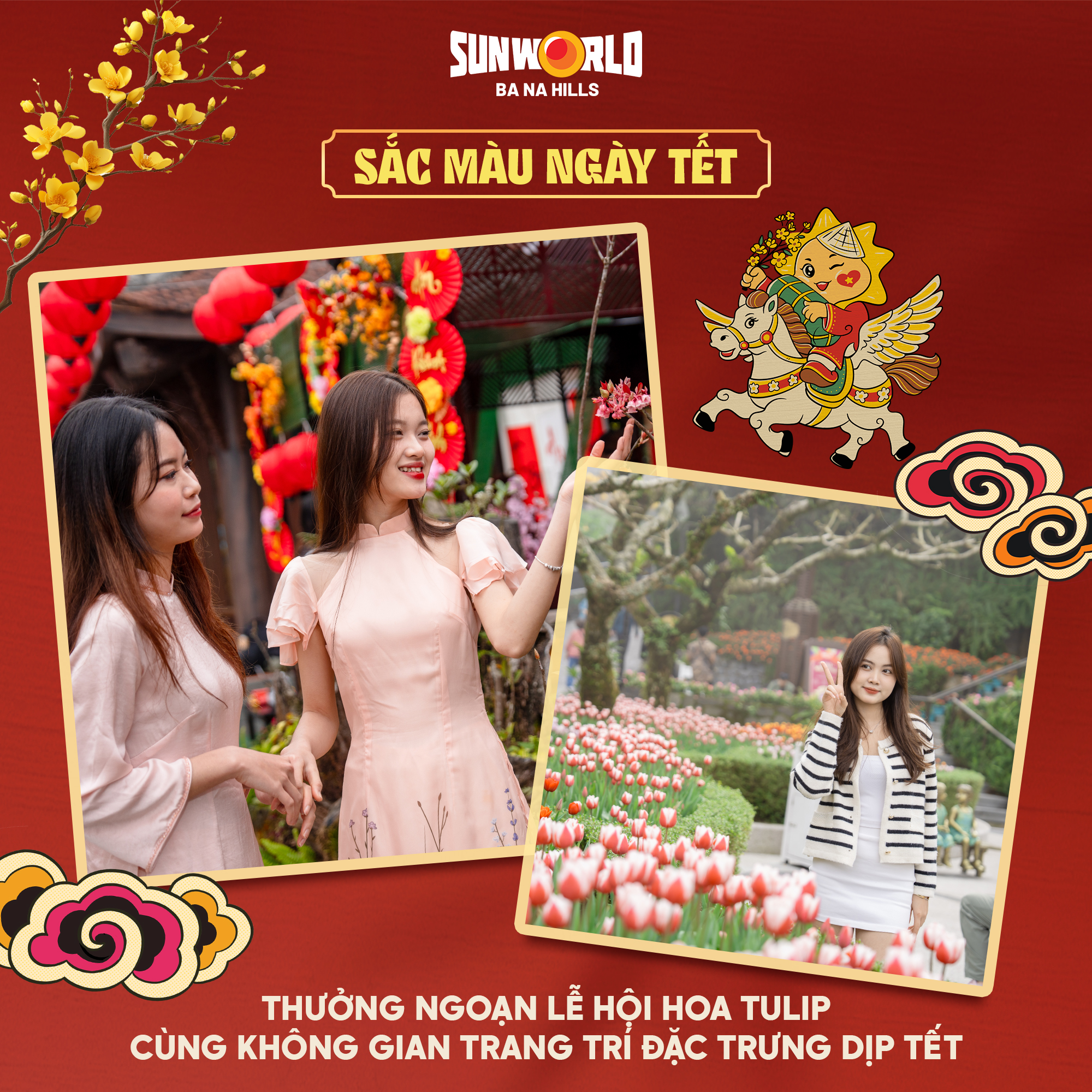 Hình ảnh các cô gái tham gia lễ hội hoa tulip tại Bà Nà Hills trong không gian đón Tết.